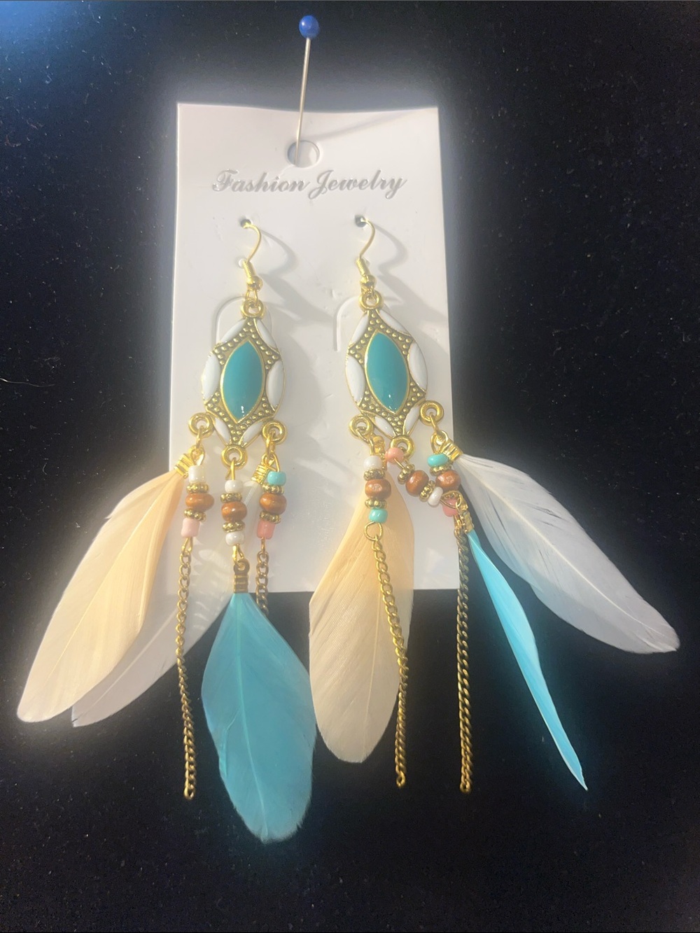 Fashion Jewelry Turquoise, Cream & White Feather Dangle Earrings